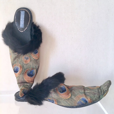 Embroidered Peacock and fur outdoor mules