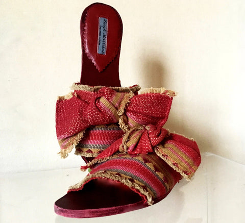 Moroccan striped sandal with bow pink grey