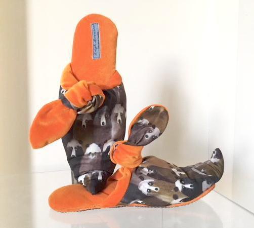 Holly Frean Illustrated Fabric Babouche Slippers..Brown bears with Orange Lining